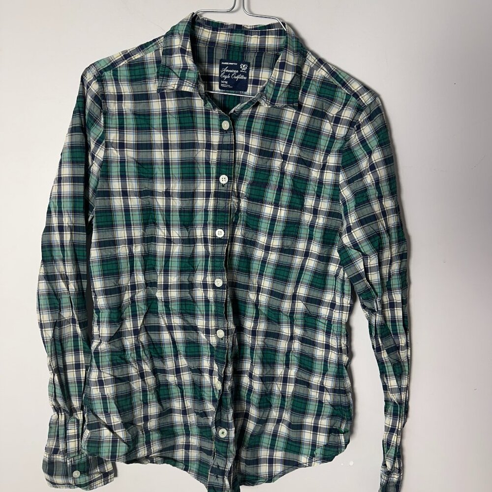 EUC American Eagle Outfitters Green Blue Plaid Long Sleeve Shirt Medium M
